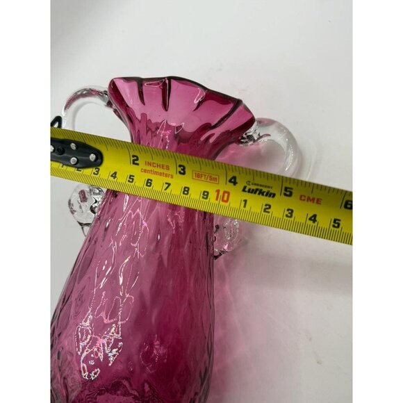 Rossi Art Glass Handblown Cranberry Optic Quilt Glass Double "Handle Vase - Picture 8 of 8
